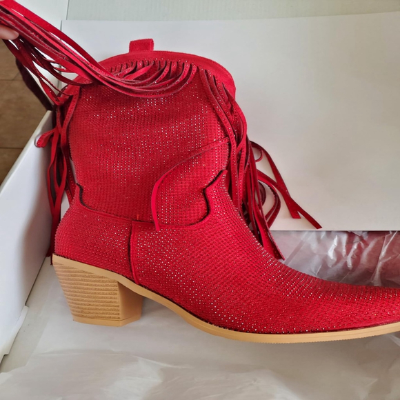 NWT Women’s Cowgirl Boots Rhinestone Fringe Sparkly Western Red Chunky Heel - Picture 8 of 10